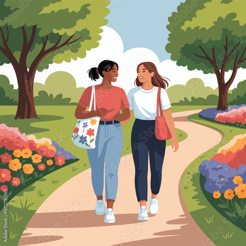 Two women walking in park illustration friendship diversity summer nature happy casual