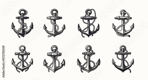 Collection of eight antique nautical anchors, rendered in a classic vintage style with intricate details on a white background.