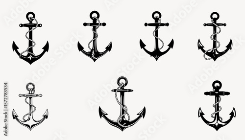 Set of eight vector anchors with rope, perfect for nautical themed designs, branding, or as graphic design elements for websites and print.