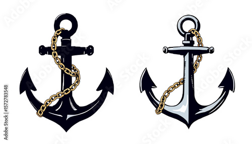 Two detailed navy blue anchors with gold chains in a vector illustration, perfect for nautical designs, maritime themes, and decorative elements, available as a high-quality PNG.