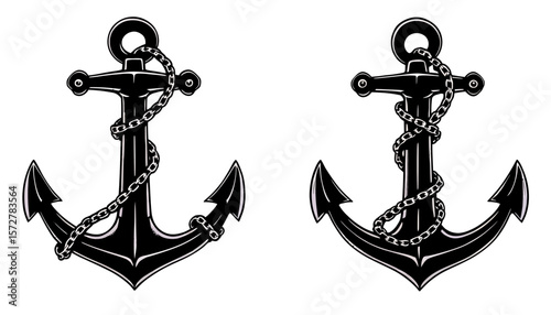Two vintage nautical black anchor illustrations, complete with rope detailing, presented as scalable vector graphics suitable for logo design and marine-themed projects.