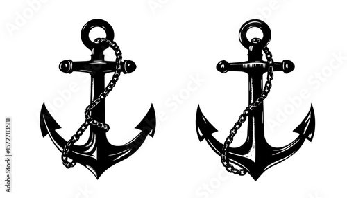 Two classic black nautical anchors with attached chains, presented in a detailed vintage illustration style on a white background.