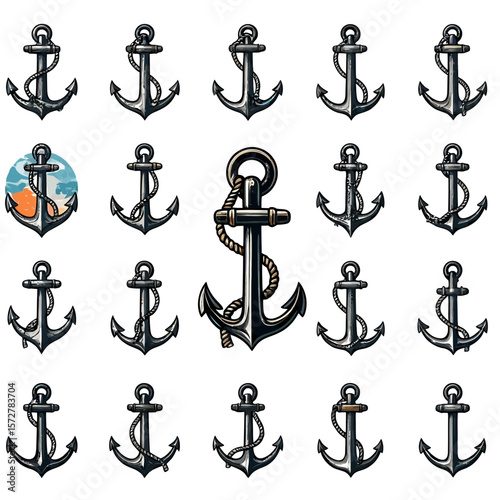A set of nautical themed anchor icons in vector format, perfect for illustrating maritime themes or adding a seafaring touch to design projects and web graphics.