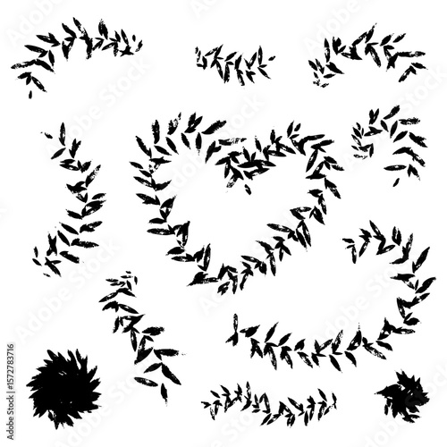 set of lines with leaves of poorly printed texture, with worn-out print, with scuffs. Vector illustration of collection of lines with branches. Elements for notebooks, sketchbooks as main page. Black