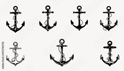 Collection of seven nautical anchors with ropes, presented in a vintage black and white vector graphic style on a white background.