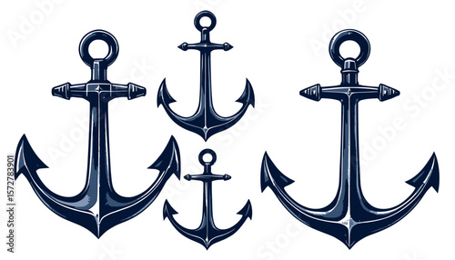 Collection of nautical anchors in various sizes, presented as a clean vector graphic with a white background, perfect for maritime themes.