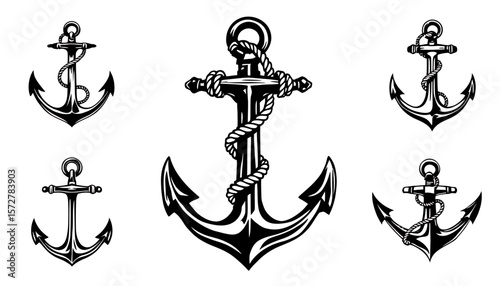 Detailed black and white vector illustrations of vintage ship anchors with ropes, suitable for traditional marine and ocean-related design elements.