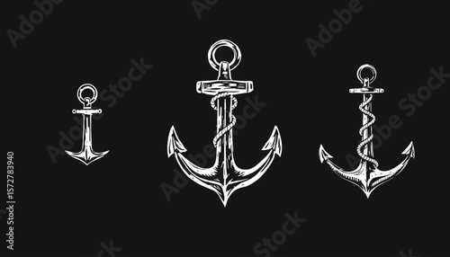 Three detailed vintage anchors, rendered in a classic sketch style on a black background, perfect for maritime or nautical design projects.