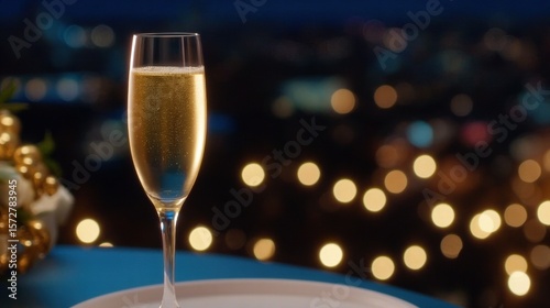 Glass of champagne on white plate with blurred city skyline in warm evening light