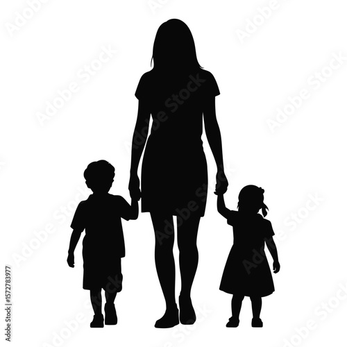 Black and white silhouette vector of single mom with two kids in loving and protective family scene