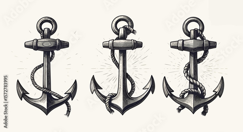 Set of three vintage anchor illustrations, perfect for nautical themed designs, available as high-resolution PNG and vector files, ideal for branding and web projects.