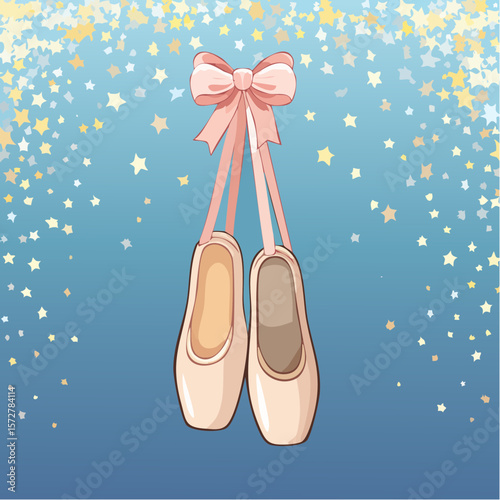 Hand drawn vector illustration of a pair of pointes. Hanging ballet shoes with ribbon bow. Coquette style dancing accessory. Balletcore clipart