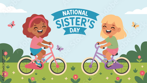 National sister's day illustration: happy sisters riding bikes in a beautiful outdoor scene