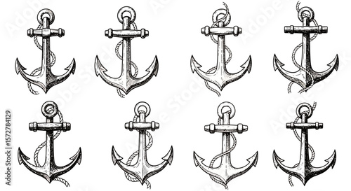 Collection of eight vintage nautical anchors with ropes, rendered in a detailed sketch style, perfect for maritime themes.