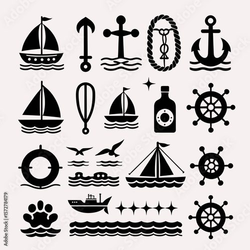 A collection of nautical-themed vector illustrations, featuring sailboats, anchors, life rings, and other maritime elements, perfect for design projects and decorative purposes.