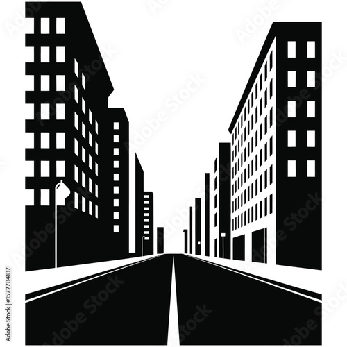 Black and white silhouette vector of urban street with tall buildings and city architecture on isolated background