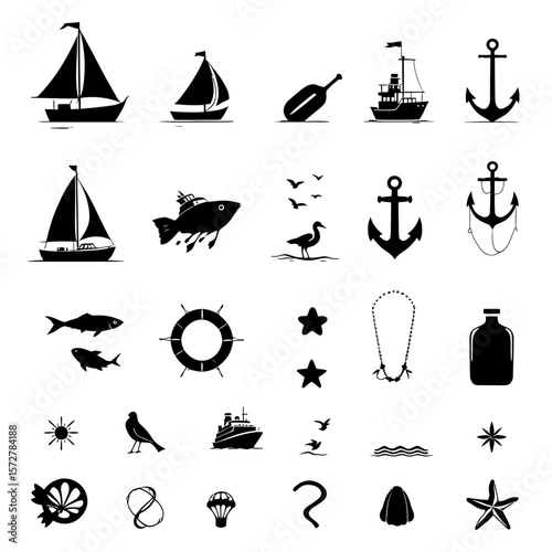 A collection of nautical themed vector icons featuring sailboats, anchors, fish, birds, and other maritime elements, perfect for graphic design projects and illustrations.
