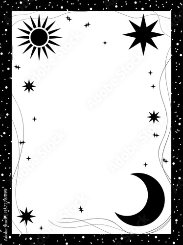 Magic frame with celestial stars, sun and moon. Vector illustration for astrology, mysticism and spirituality.