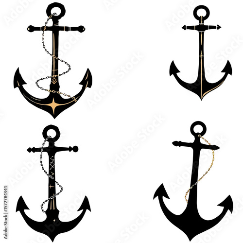 High-quality vector PNG set of four nautical anchors with rope, ideal for marine, nautical, or travel themes; perfect for logos, websites, and branding projects. Download now!