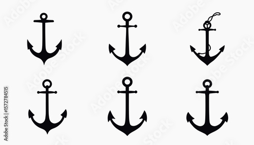 A collection of six stylized black anchor icons presented as minimalist vector graphics on a clean white background, perfect for nautical design elements.