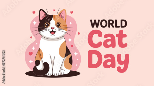 Celebrate world cat day with adorable calico cat illustration for cat lovers and pet owners