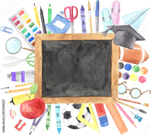 Back to school watercolor black schoolboard with classroom supplies isolated illustration. Hand drawn creative class education stationery items composition clipart