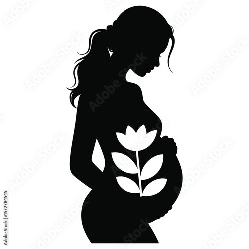 Black and white silhouette vector of woman holding flower over pregnant belly symbolizing nature, life, and maternal bond