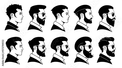 "Set of 16 stylized male silhouette portraits in black on white, each showing diverse beard lengths, hairstyles from neat to voluminous, and accessories like glasses and sunglasses, all evenly spaced 
