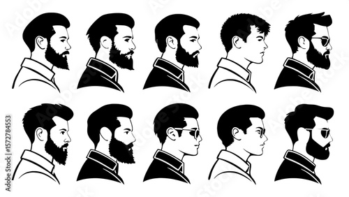 "Set of 16 stylized male silhouette portraits in black on white, each showing diverse beard lengths, hairstyles from neat to voluminous, and accessories like glasses and sunglasses, all evenly spaced 