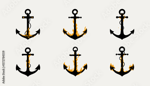 A collection of six vector illustrations showcases stylized black anchors with a touch of fire effect, perfect for nautical themes and design projects, presented on a neutral background.