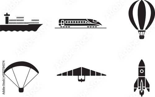 "Set of 6 Simple Solid Black Icons Representing Various Modes of Transport".