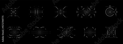 Black digital HUD with futuristic sniper crosshair locked on target. Grid radar interface with circular scope, tech bars and AI data streams. Perfect for sci fi games or weapon panels.