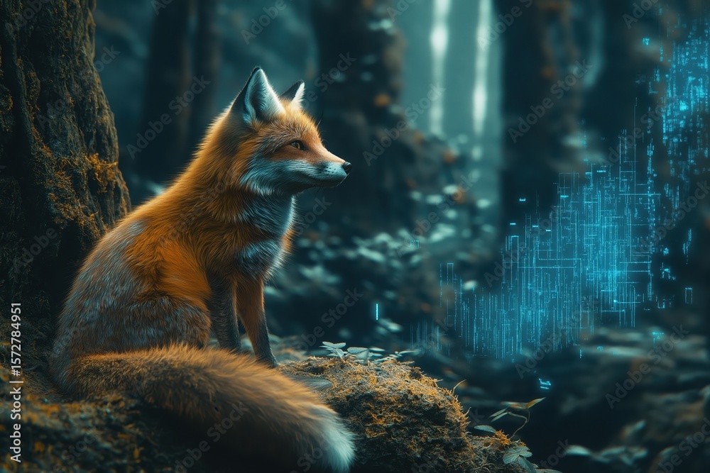 Naklejka premium Ancient Forest Slowly Submerged by Glowing Blue Circuitry and Digital Rivers