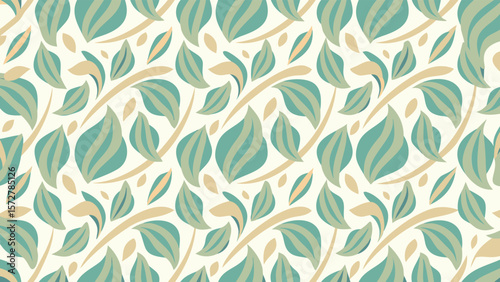 Repeating pattern of stylized leaves and branches in teal and beige on a cream background