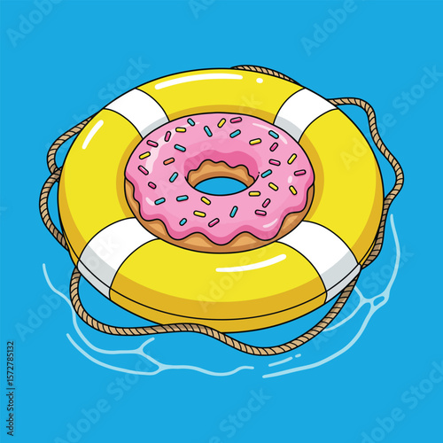 Funny Cartoon Doughnut Floating on Yellow Life Preserver Clipart