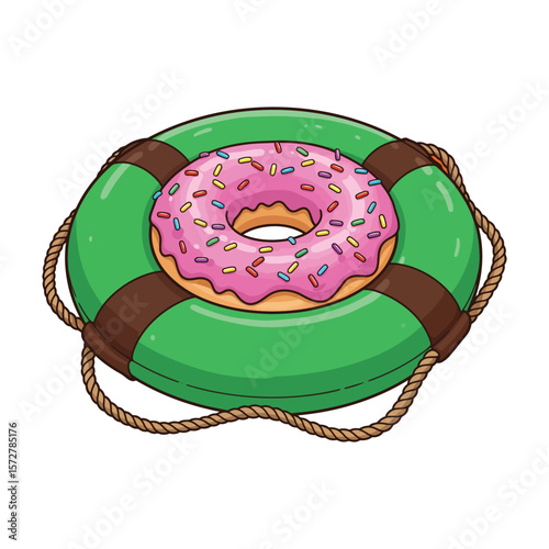Funny Cartoon Doughnut in Lifebuoy Clipart