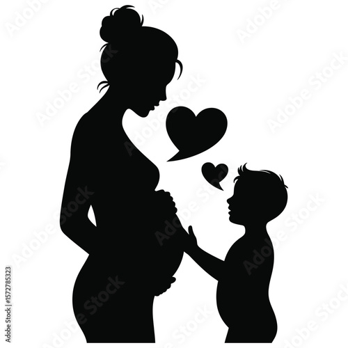 Black and white silhouette vector of woman lovingly talking to baby bump in a tender maternity communication gesture scene