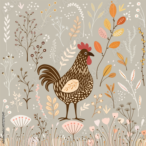 Pattern with isolated cartoon chicken and colorful abstract herbs on beige background