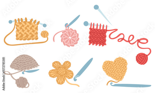 set with crocheted items. napkin, flower, hat, scarves. Needles and hooks. cozy atmosphere. handmade. flat colored isolated illustration. postcards, social media posts, themes of care and coziness