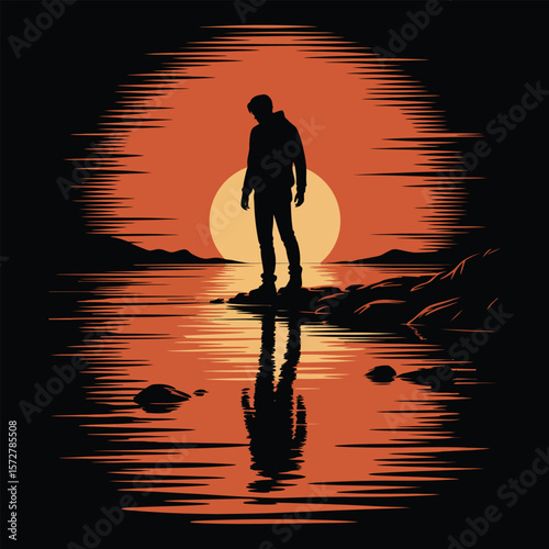 Black and white vector illustration of lone figure standing on rocky shoreline with sunset reflection and bold silhouette effect
