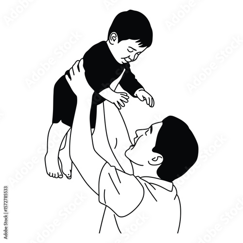 Black and white vector illustration of two parents joyfully lifting child high with love and happiness on isolated background