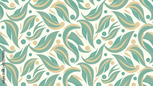 Seamless pattern with teal leaves and tan accents arranged on a cream colored background in a repeat design
