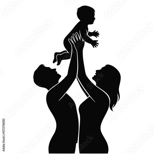 Minimalist black and white silhouette vector of parents lifting child with glowing backlight symbolizing love and unity