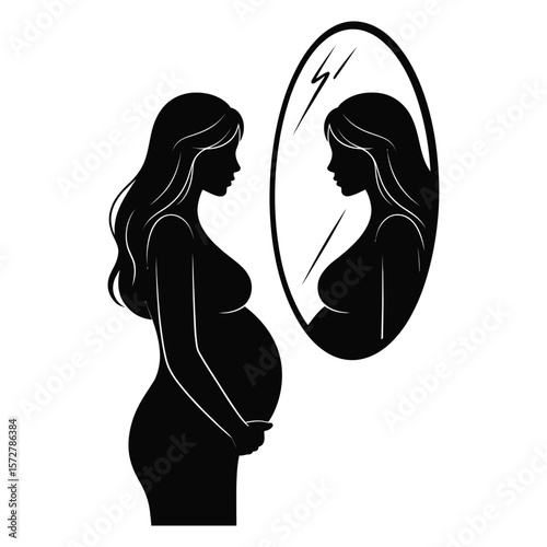 Minimalist black and white silhouette vector of pregnant woman looking at her reflection in mirror, symbolizing identity and transition