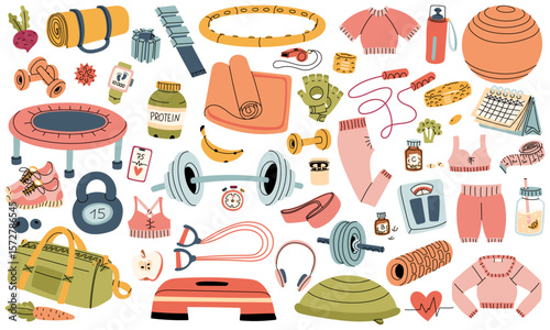 Set of sports equipment. Collection on topic fitness, sports, training, proper nutrition. Flat color illustration with doodle outline. For posters, sports materials, blogs, fitness, healthy lifestyle