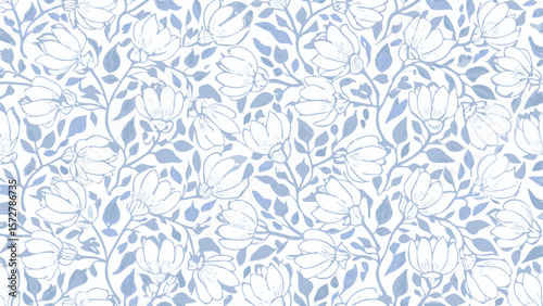 Floral pattern with white flowers and blue leaves creating a dense and elegant botanical design