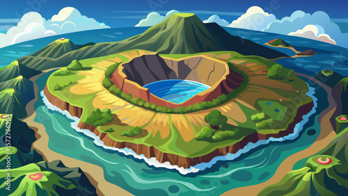 Azores aerial panoramic view. Top view of Islet of Vila Franca do Campo. Crater of an old underwater volcano. San Miguel island, Azores, Portugal. Heart carved by nature. Bird eye 4K
