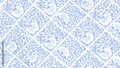 Light blue floral pattern with white flowers and leaves in a diamond grid arrangement background design