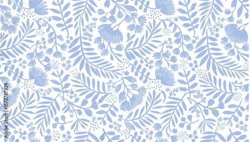 Floral pattern with light blue leaves and flowers on a white background creating a seamless design effect