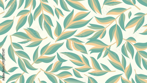 Seamless pattern featuring stylized green and beige leaves scattered on a light background surface design